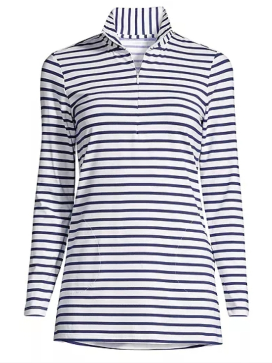 Lands' End Tops - Lands' End Striped Quarter-Zip Long Sleeve Top - White & Navy